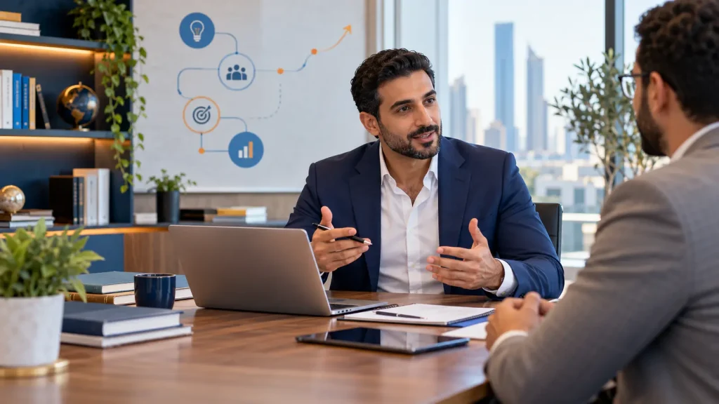 خبير عربي بملابس مهنية عصرية يعرض خدمة استشارية رقمية واضحة على عميل محتمل