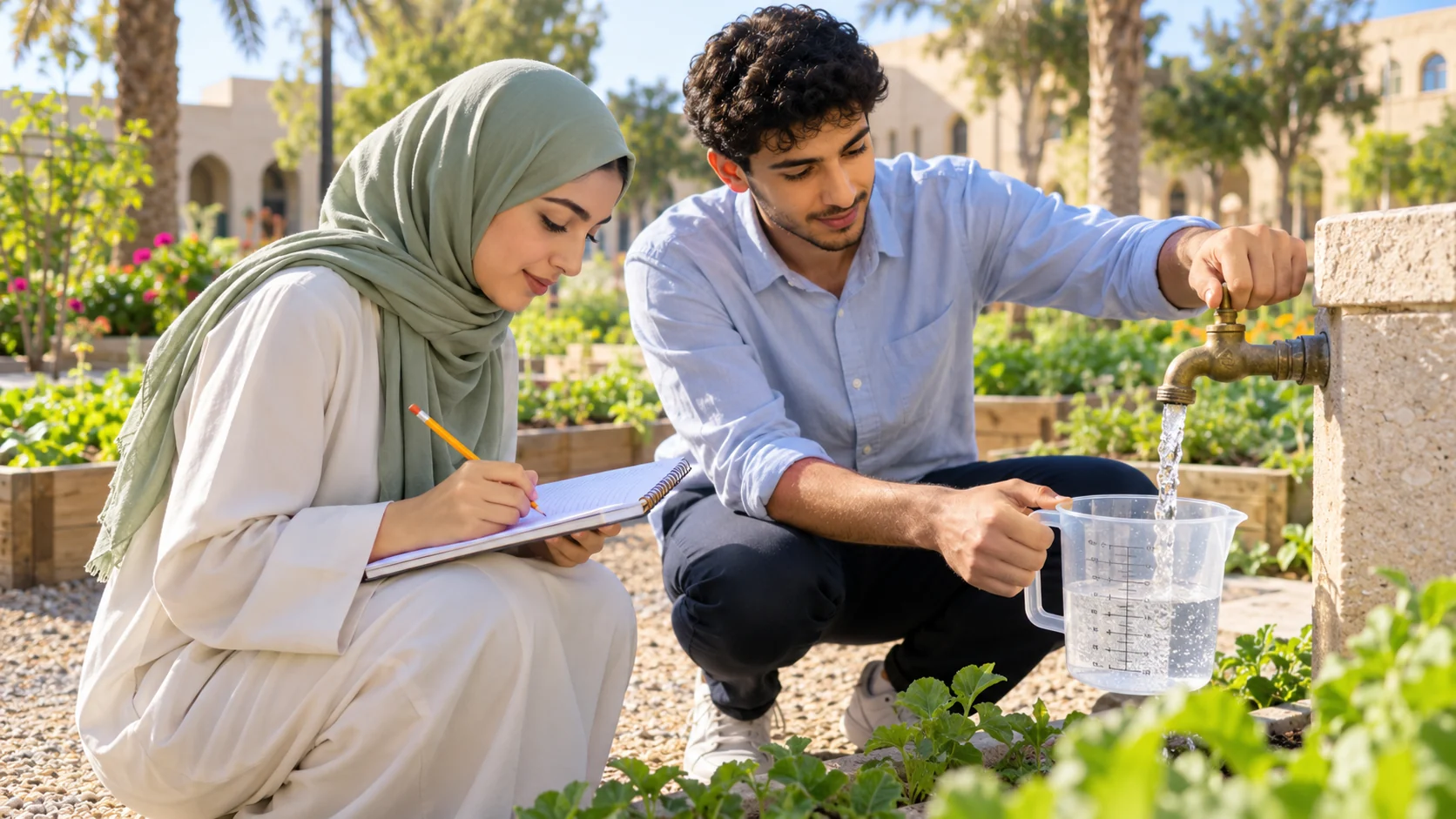 طالبان يوثّقان استهلاك المياه في بيئة مدرسية ضمن مهمة واقعية.