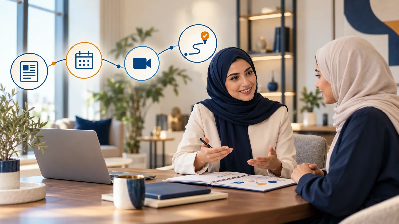 مستشارة عربية محجبة تشرح لعميلة محجبة رحلة الاستشارة الرقمية وخطة العمل