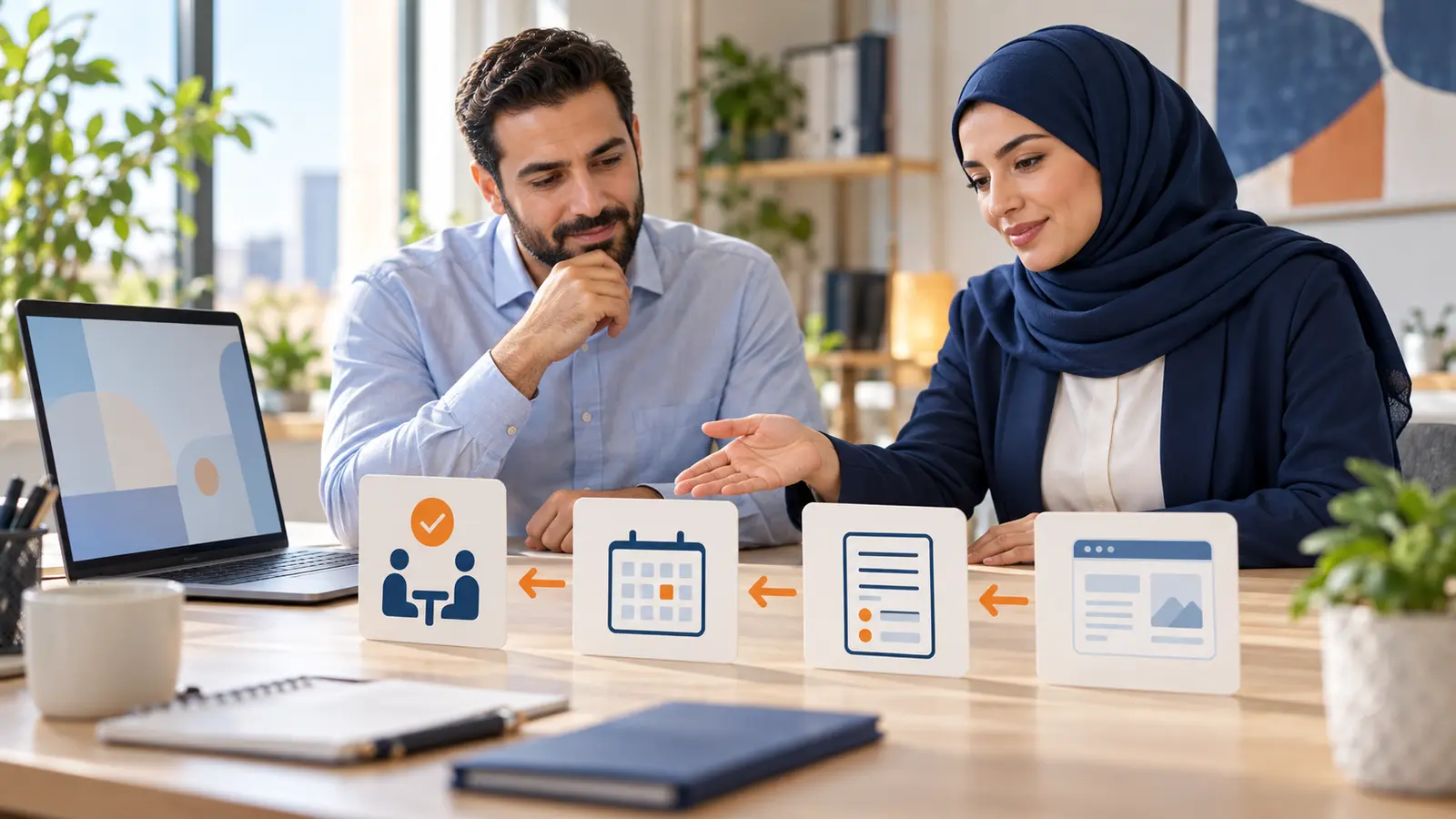 مستشارة عربية محجبة ومستشار يراجعان رحلة العميل من صفحة الخدمة إلى حجز الاستشارة