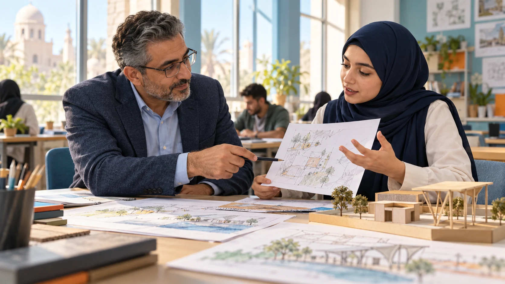 طالبة محجبة تناقش أدلة مشروعها ومسوداته مع المعلم.